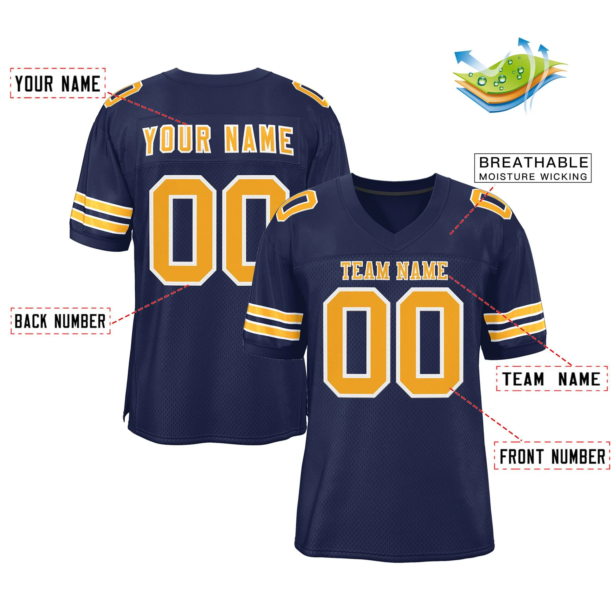 Custom Navy Gold-White Classic Style Mesh Authentic Football Jersey