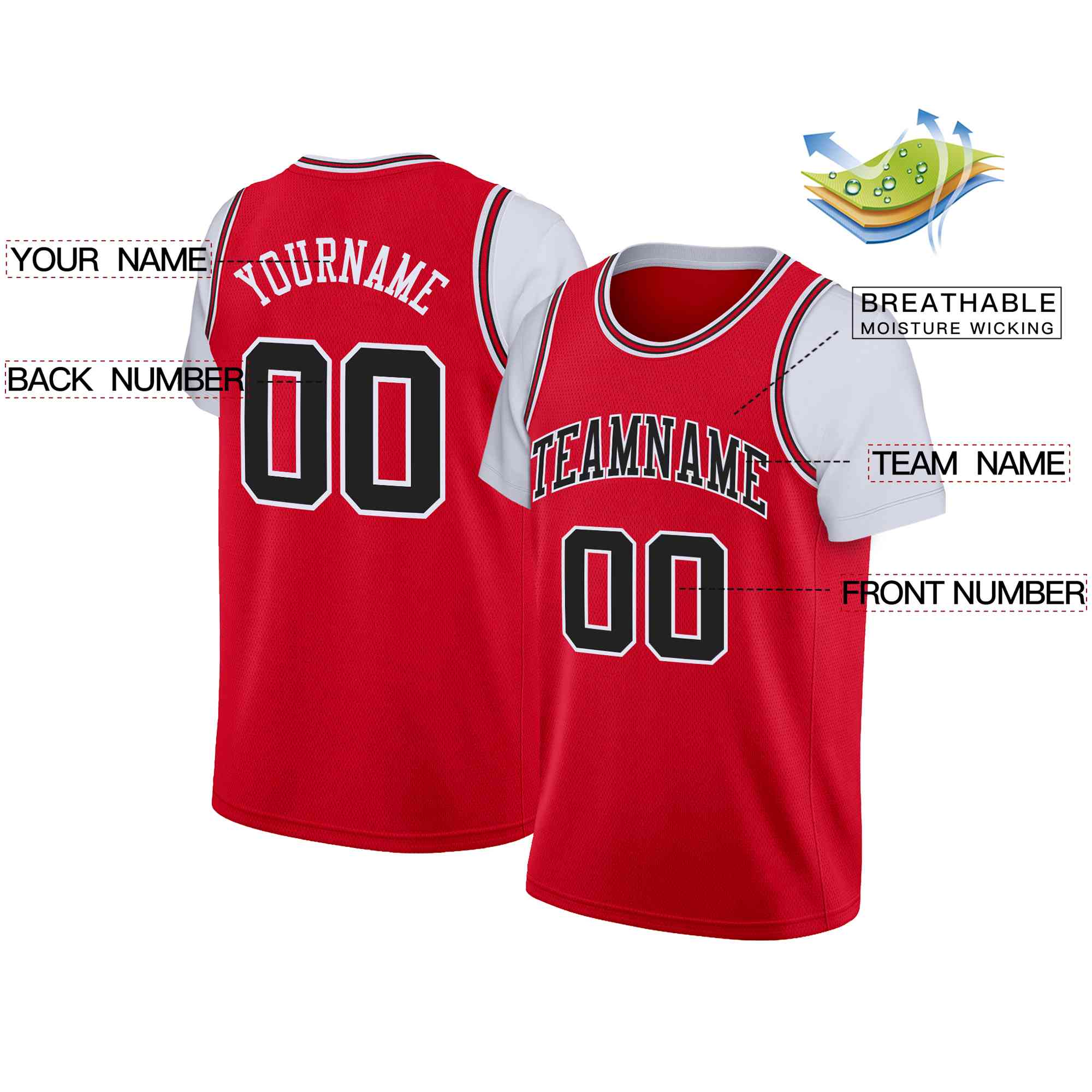 Custom Red Black-White Classic Tops Casual Fake Sleeve Basketball Jersey